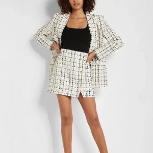 NWOT Express Plaid Tweed Boyfriend Blazer & High Waist Mini Skirt - Ivory/Black